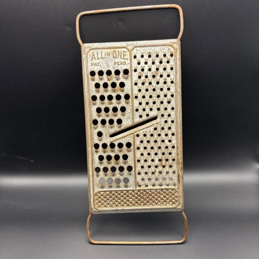 Vintage All-In-One Metal Cheese Grater Slicer Pat Pend Silver Tone Rustic Decor